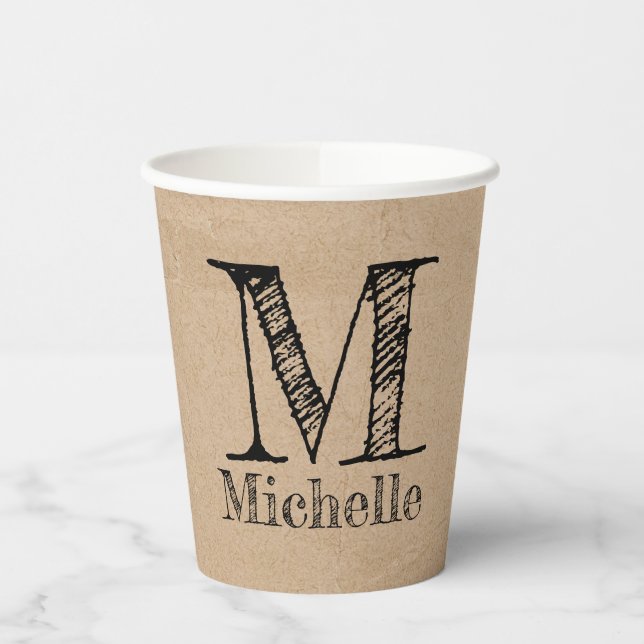 Rustic Kraft Brown Paper Look Monogram Paper Cups (Left)