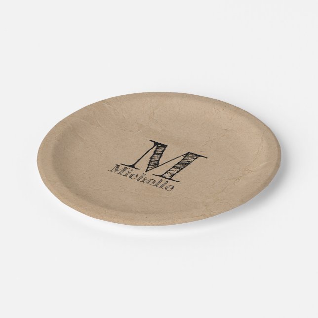 Rustic Kraft Brown Paper Look Monogram  Paper Plate (Angled)