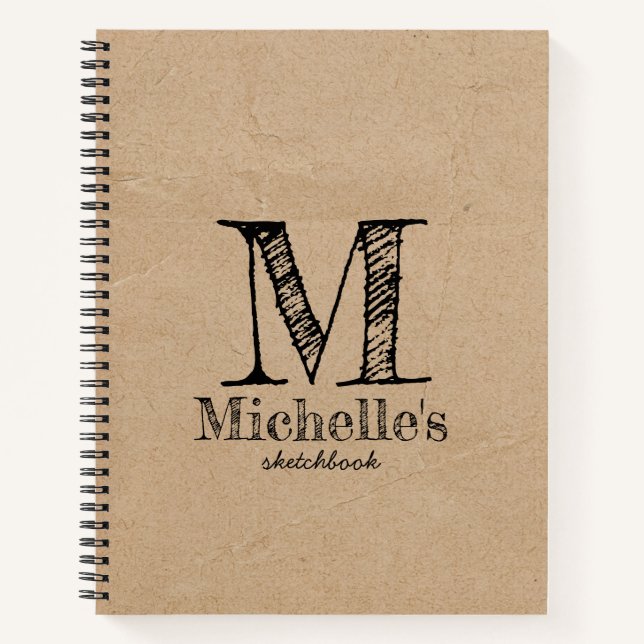 Rustic Kraft Brown Paper Look Monogram Sketchbook Notebook (Front)
