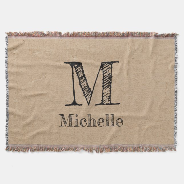 Rustic Kraft Brown Paper Look Monogram Throw Blanket (Front)