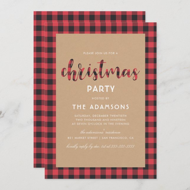 Rustic Kraft Buffalo Plaid Script Christmas Party Invitation (Front/Back)