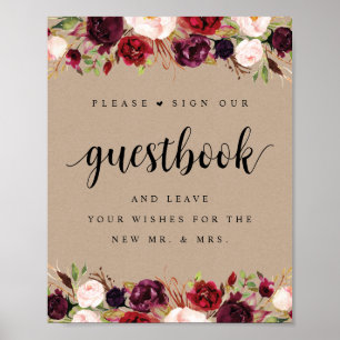 Rustic Kraft Burgundy Floral Wedding Guestbook