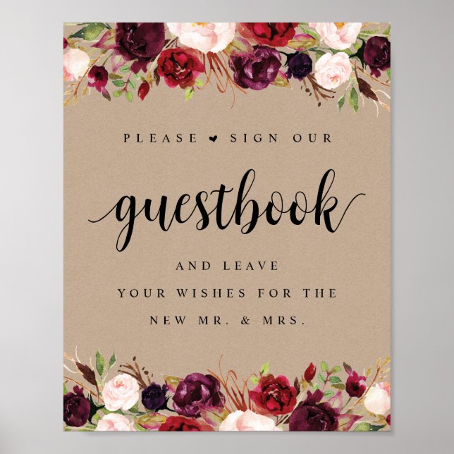 Rustic Kraft Burgundy Floral Wedding Guestbook (Front)