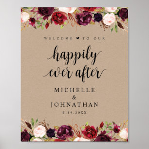 Rustic Kraft Burgundy Floral Wedding Welcome Post Poster