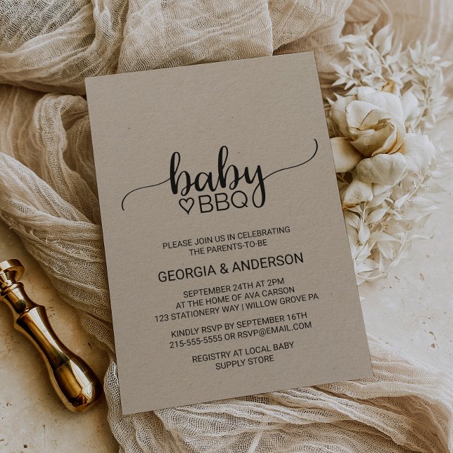 Rustic Kraft Calligraphy Baby BBQ Invitation (Creator Uploaded)