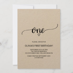 Rustic Kraft Calligraphy First Birthday Invitation