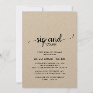 Rustic Kraft Calligraphy Sip and See Invitation