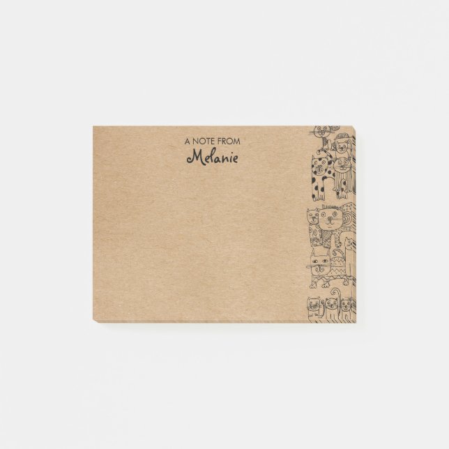 Rustic Kraft Cats Illustration Personalised Post-it Notes (Front)