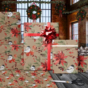 Rustic Kraft Chickadees Red Berries & Poinsettias Wrapping Paper
