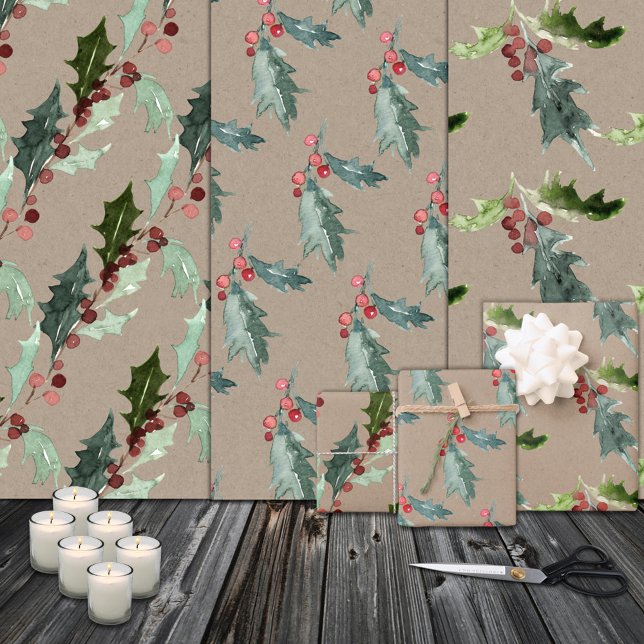 Rustic Kraft Christmas Floral Holly Red Berries Wrapping Paper Sheet (Rustic Kraft Christmas Floral Holly Red Berries Holiday Gift Wrapping Paper  Sheets Trio)