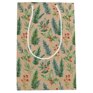 Rustic Kraft Christmas Floral Medium Gift Bag