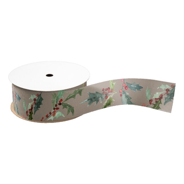 Rustic Kraft Christmas Holly Leaf & Red Berries Grosgrain Ribbon (Spool)
