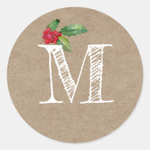Rustic Kraft Christmas Holly Monogram Initial Classic Round Sticker