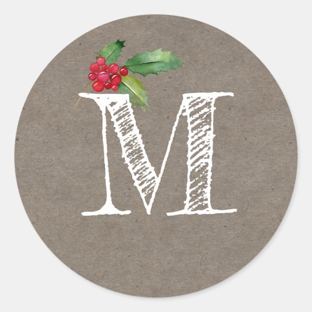 Rustic Kraft Christmas Holly Monogram Initial Classic Round Sticker (Front)