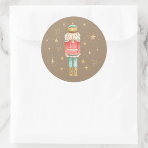 Rustic Kraft Christmas Nutcracker Gold Stars Classic Round Sticker