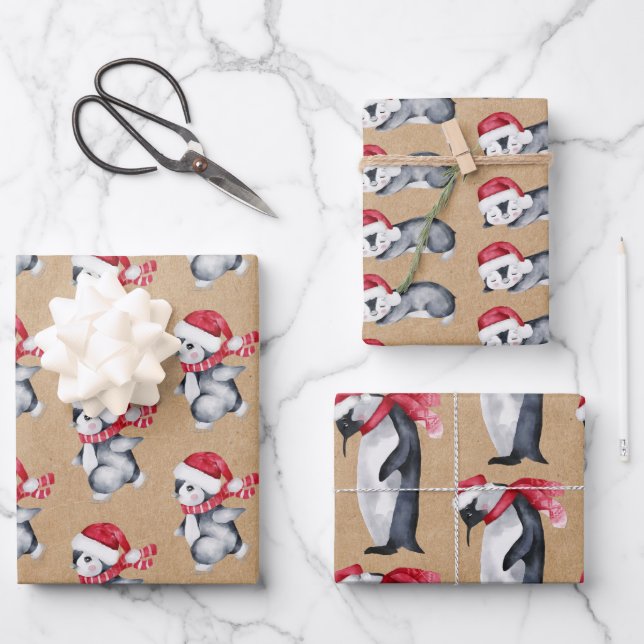 Rustic Kraft Christmas Penguins Wrapping Paper Sheet (Front)