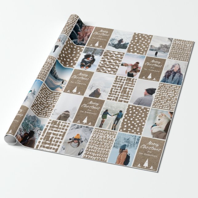 Rustic Kraft Christmas Personalise Collage Photo Wrapping Paper (Unrolled)