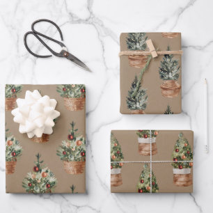 Rustic Kraft Christmas Spruce Trees In A Basket Wrapping Paper Sheet
