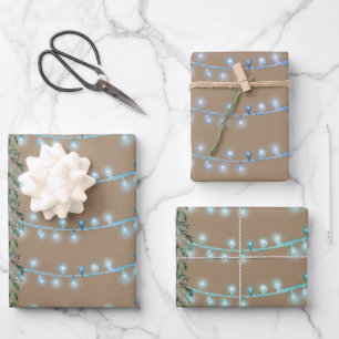 Rustic Kraft Christmas String Light Blue Green Wrapping Paper Sheet