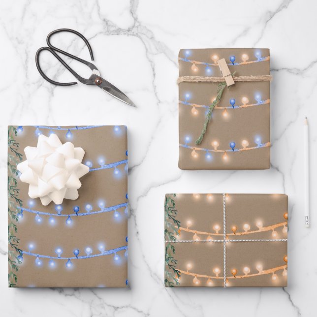 Rustic Kraft Christmas String Lights Blue Orange Wrapping Paper Sheet (Front)