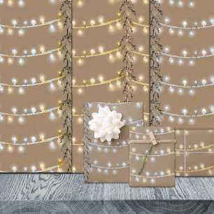 Rustic Kraft Christmas String Lights Silver & Gold Wrapping Paper Sheet