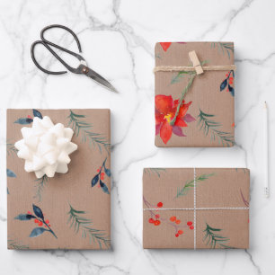 Rustic Kraft Colour Winter Greenery & Berries  Wra Wrapping Paper Sheet