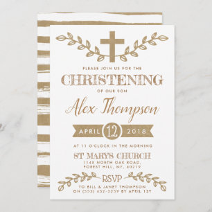 Rustic Kraft Cross & Foliage Christening Invitation