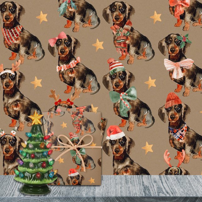 Rustic Kraft Dachshunds Christmas Party Wrapping Paper Sheet (Rustic Kraft Dachshunds Christmas Party Holiday Gift Wrapping Paper Sheets Trio)