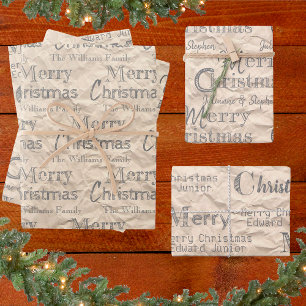 Rustic Kraft Distressed Grey Font Merry Christmas Wrapping Paper Sheet