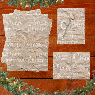 Rustic Kraft Distressed White Font Merry Christmas Wrapping Paper Sheet