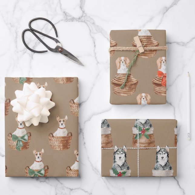 Rustic Kraft Dogs In A Wicker Basket Holiday Wrapp Wrapping Paper Sheet (Front)