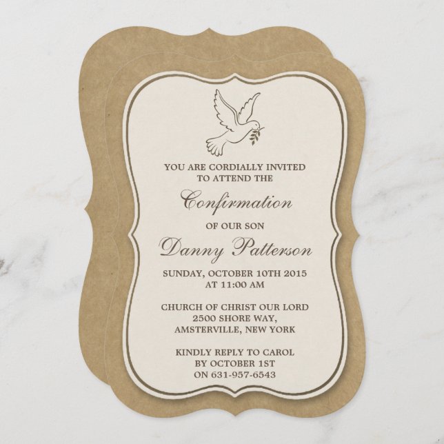 Rustic Kraft Dove Holy Communion Or Confirmation Invitation (Front/Back)