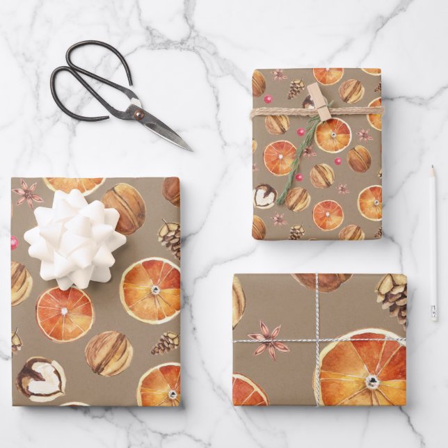 Rustic Kraft Dried Orange Slices Spices & Cloves Wrapping Paper Sheet (Front)