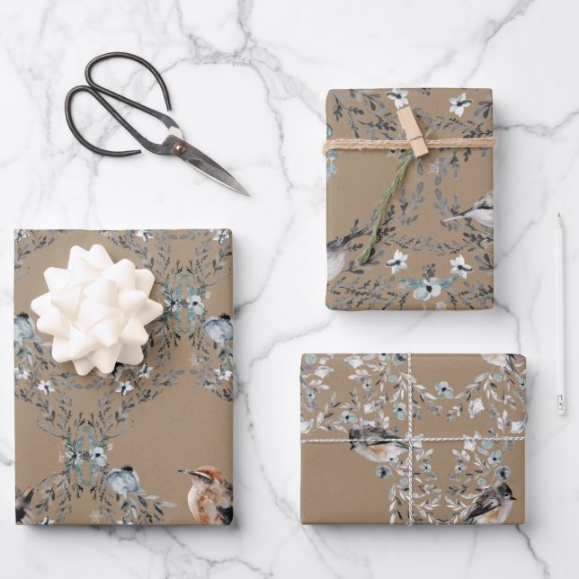 Rustic Kraft Dusty Blue Winter Birds Nesting Wrapping Paper Sheet (Front)