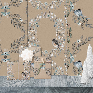 Rustic Kraft Dusty Blue Winter Florals & Birds Wrapping Paper Sheet