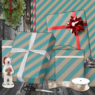 Rustic Kraft Dusty Teal Green Wide Stripe Holiday Wrapping Paper