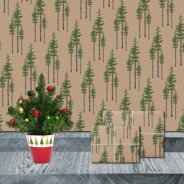 Rustic Kraft Eastern Pine Tree Woodland Forest Wrapping Paper (Rustic Kraft Eastern Pine Tree Woodland Forest Christmas Holiday Gift Wrapping Paper Rolls)