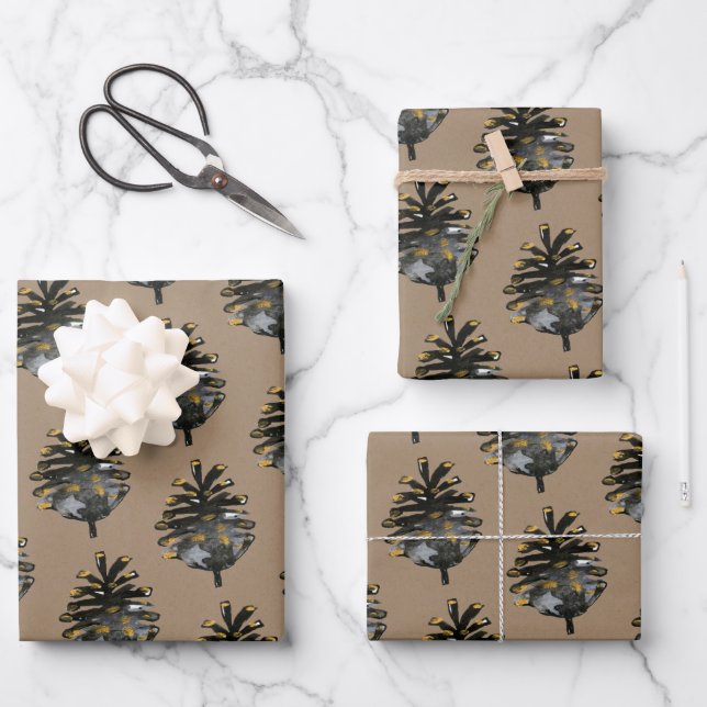 Rustic Kraft Elegant Black Gold Pine Cones Wrapping Paper Sheet (Front)