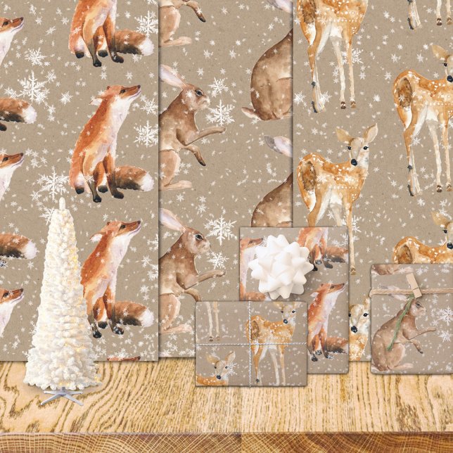 Rustic Kraft Elegant Snowy Winter Animals Wrapping Paper Sheet (Rustic Kraft Elegant Winter Animals Red Fox Doe Deer Hare Christmas Holiday Wrapping Paper Rolls)