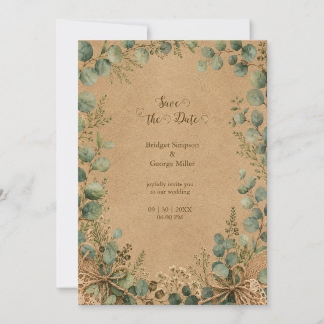 Rustic Kraft Eucalyptus lace Wedding  Invitation (Front)