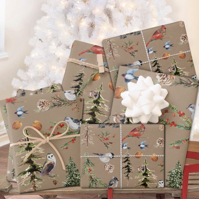 Rustic Kraft Everything Woodland Winter Birds Wrapping Paper Sheet (Rustic Kraft Everything Winter Woodland Birds Christmas Holiday Gift Wrapping Paper Sheets Trio)
