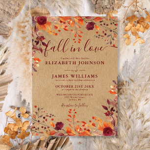 Rustic Kraft Fall In Love Autumn Floral Wedding Invitation
