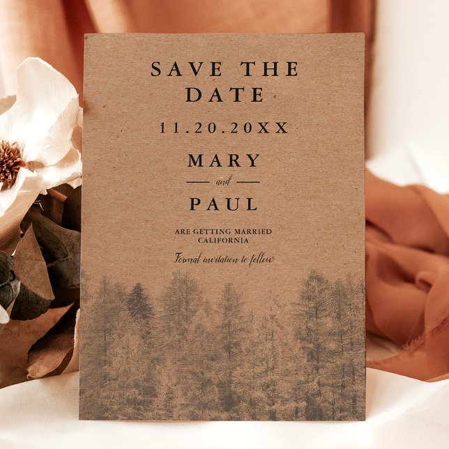 Rustic kraft Fall winter pine trees save the date Announcement Postcard (Rustic kraft Fall winter pine trees save the date Announcement Postcard)