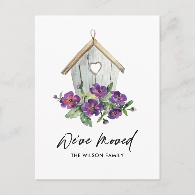 RUSTIC KRAFT FLORAL BIRD HOUSE MOVING NEW ADDRESS ANNOUNCEMENT POSTCARD (Front)