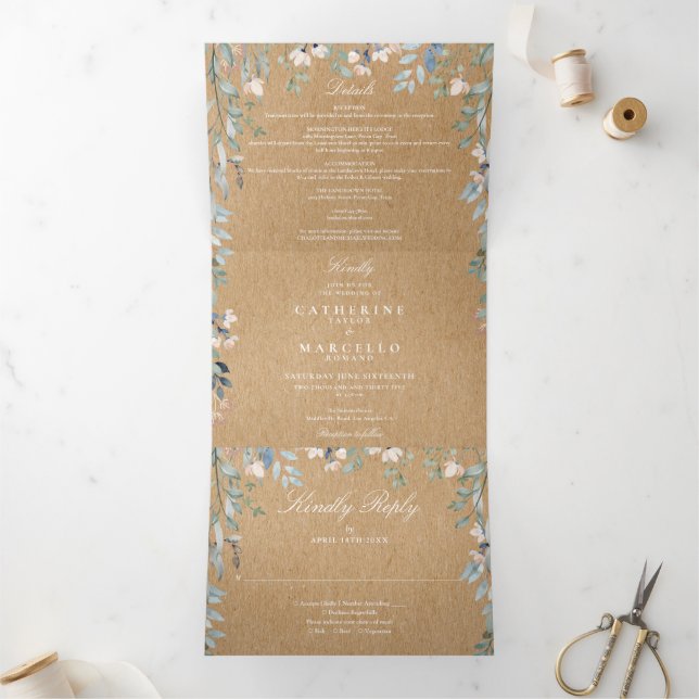 Rustic Kraft Floral Wildflowers Photo Wedding Tri-Fold Invitation (Inside)