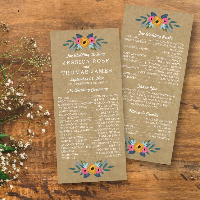Rustic Kraft Floral Wreath Wedding Program Rack Card (Creator Uploaded)
