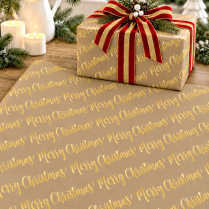 Rustic Kraft Gold Calligraphy Merry Christmas 2 Wrapping Paper