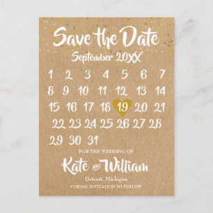 Rustic Kraft Gold Heart Calendar Save the Date Announcement Postcard