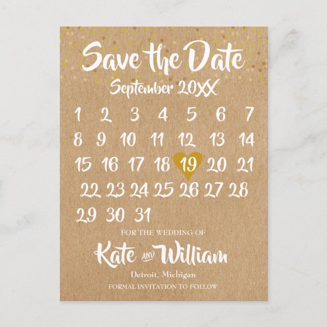 Rustic Kraft Gold Heart Calendar Save the Date Announcement Postcard (Front)