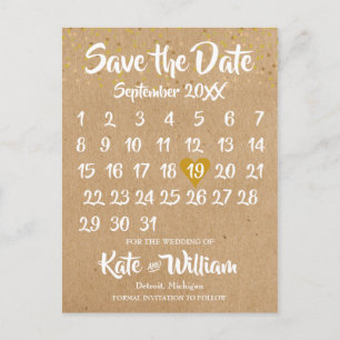 Rustic Kraft Gold Heart Calendar Save the Date Announcement Postcard